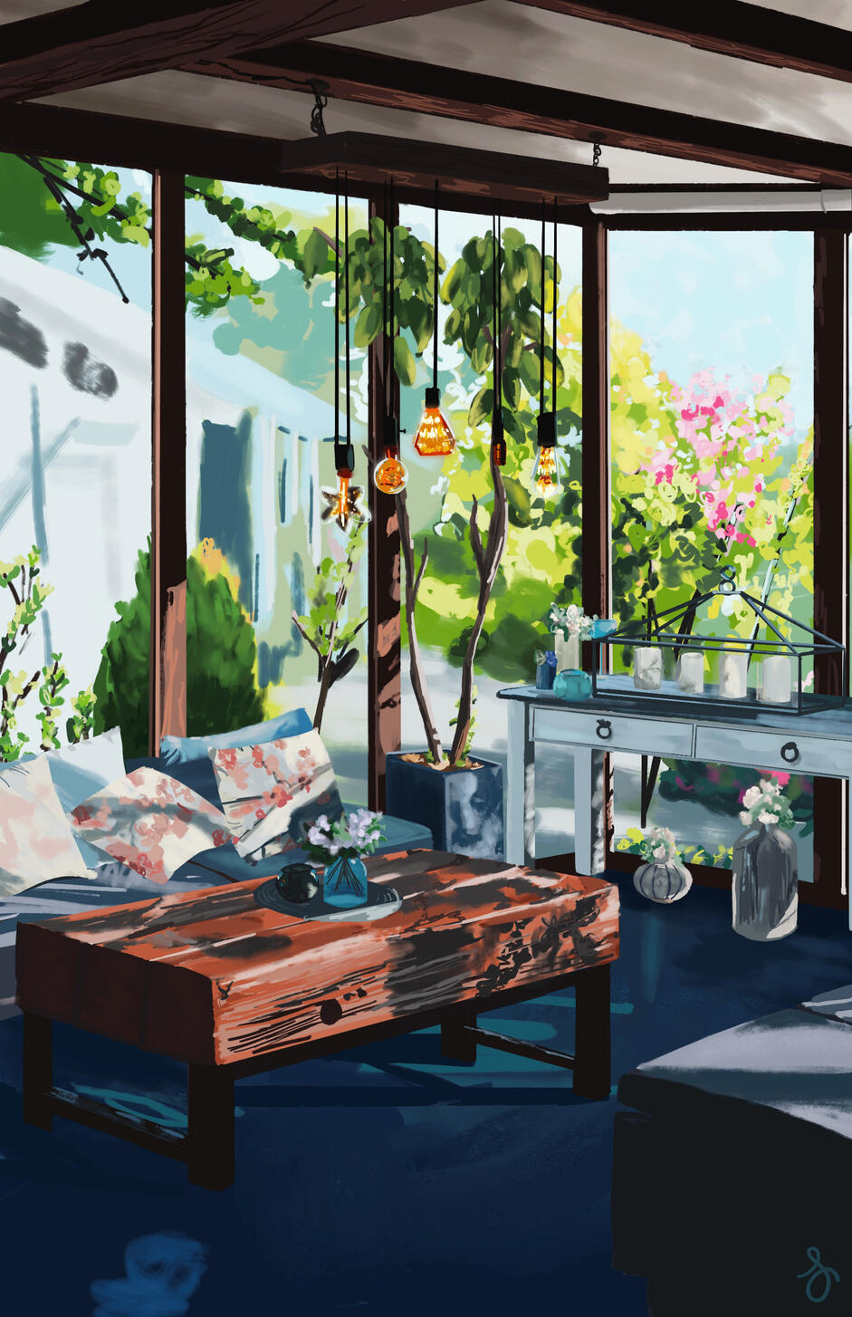 Indoor Serenity painting of a clear glass room with plants outside