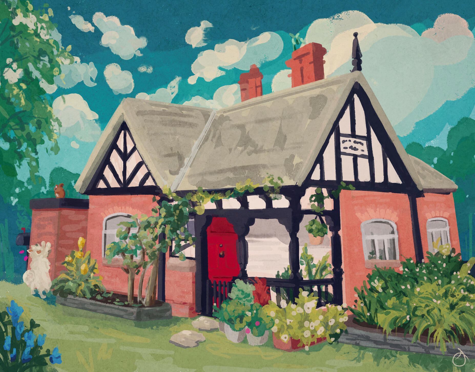 Strawberry Cottage painting of a pink cottage