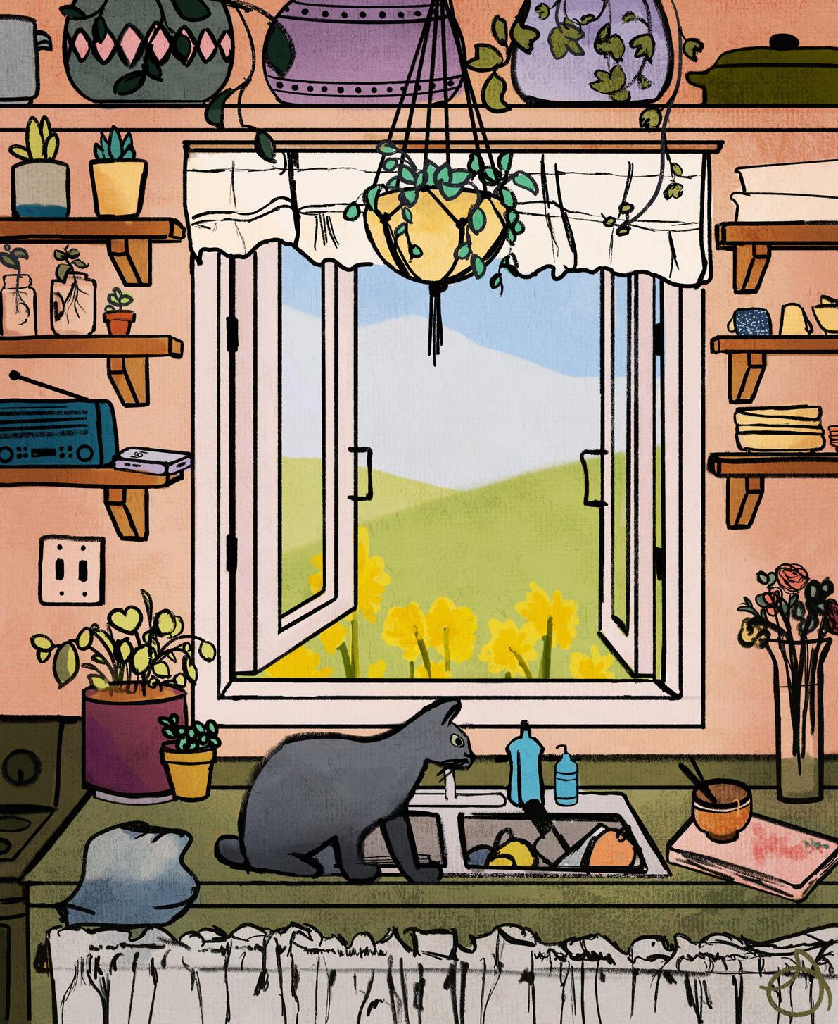 Watercolor Kitchen painting of a cat at the kitchen sink with an open window
