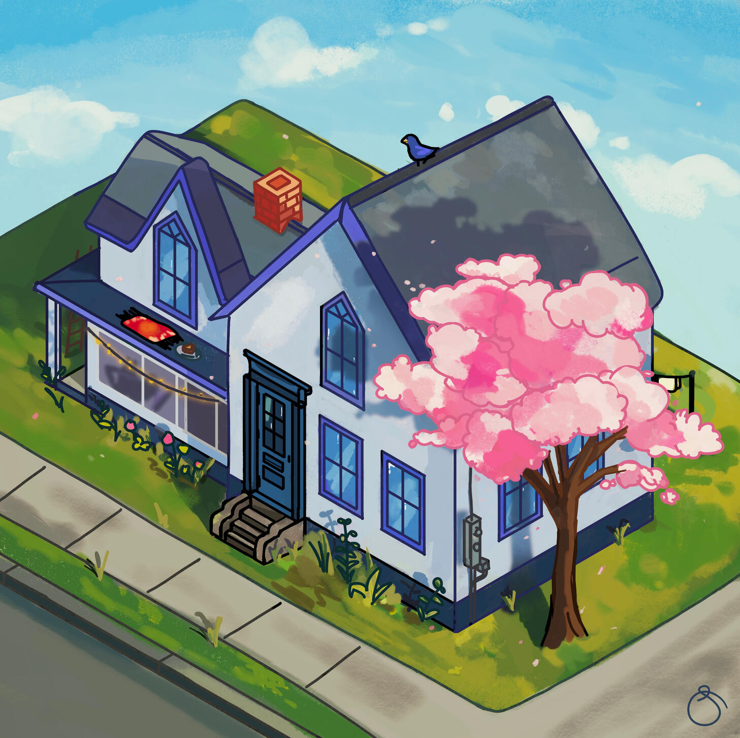 Spring Isometric painting of a house with a cherry blossom tree