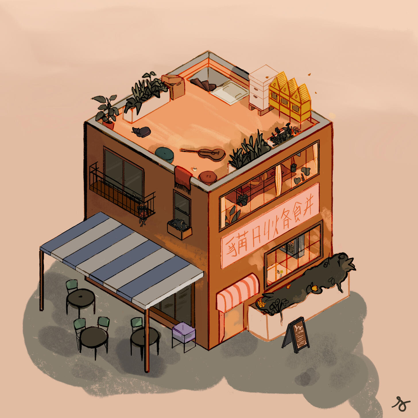 Isometric Cafe painting of an asian cafe