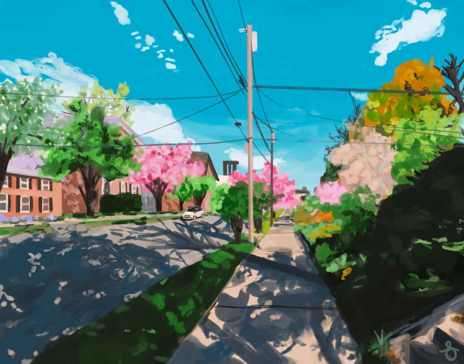 Springtime painting o a street during springitme