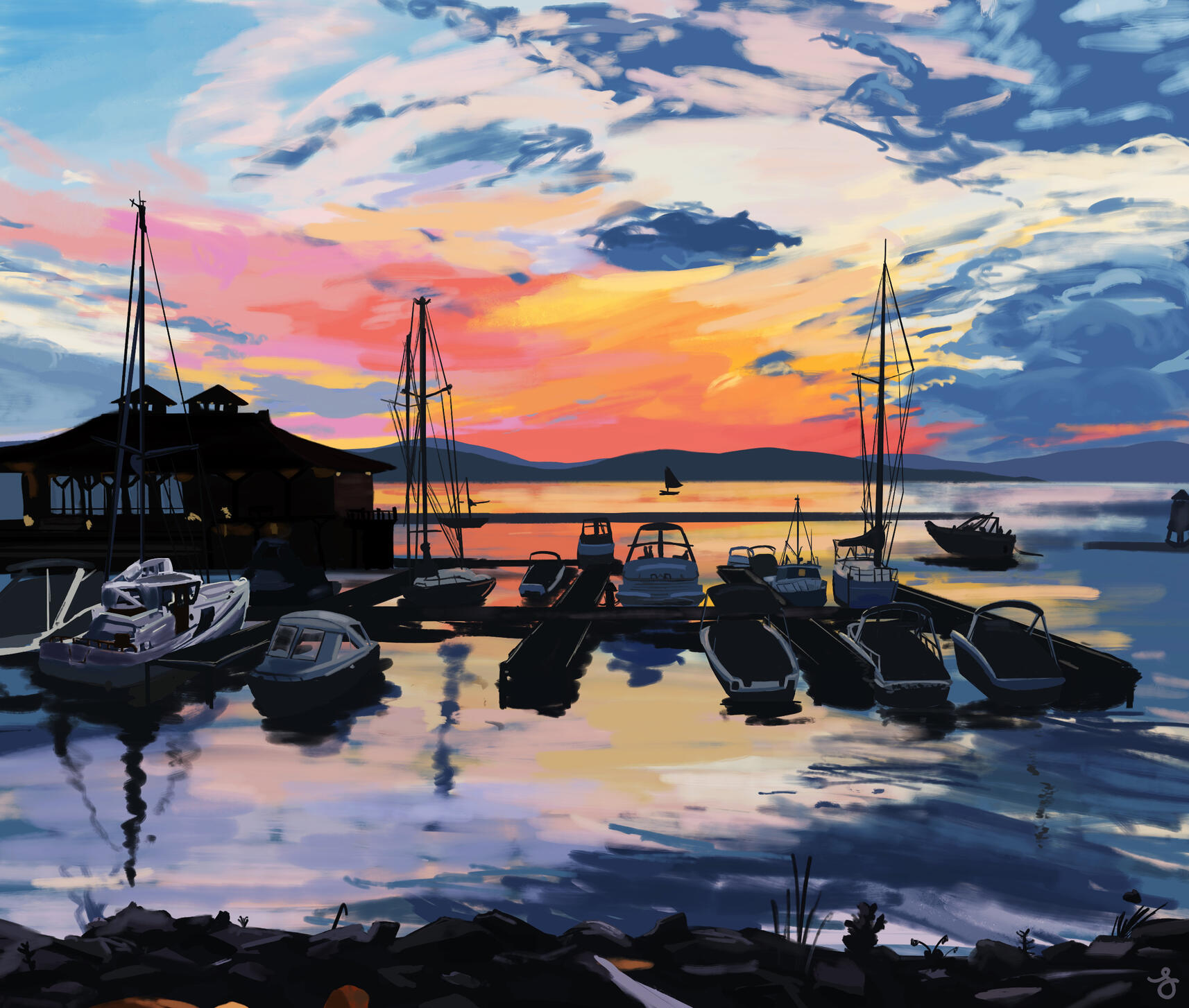 Burlington Boats paitning of dock and boats at sunset
