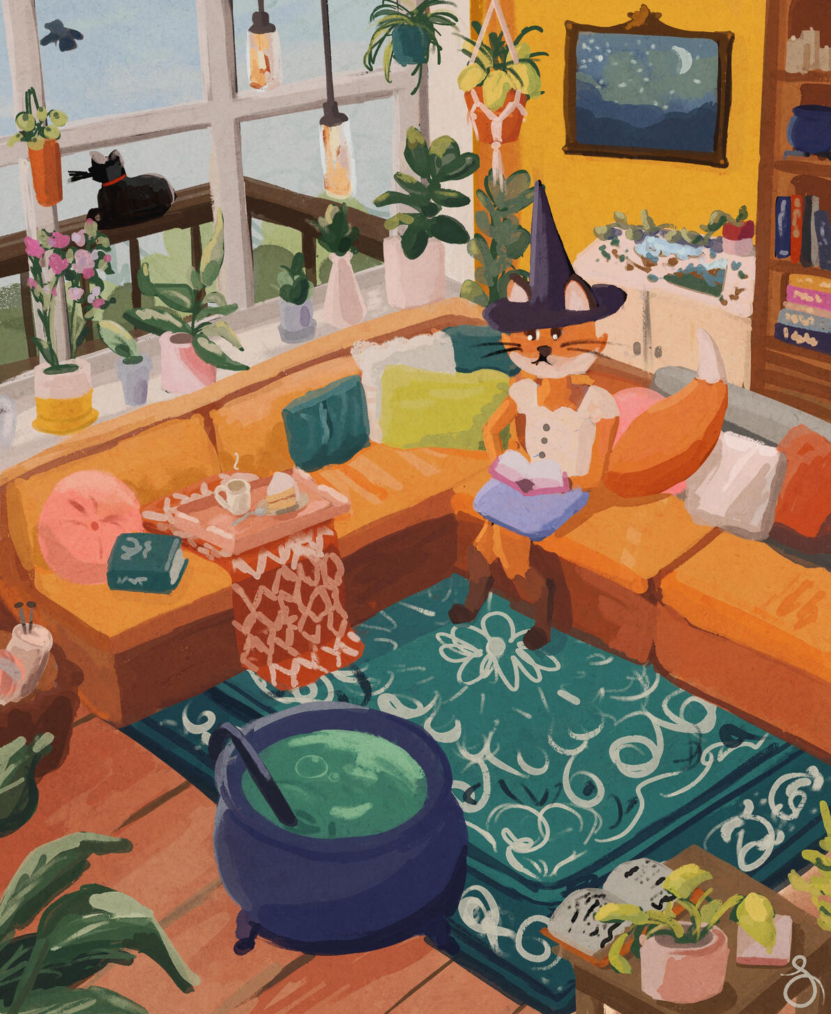 painting of a fox in a witch had reading while stirring a potion